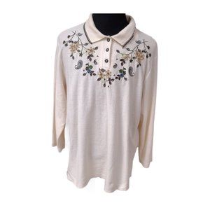 Teddi Womens 2X Ivory 3 Button Floral Paisley Long Sleeve Embroidered Henley Top